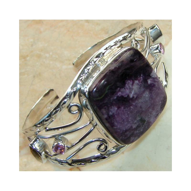 Charoite Pink Topaz Citrine Faceted Bangle 925 Sterling Silver