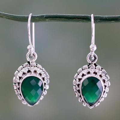 Checkerboard Cut Green Onyx and Sterling Silver Earrings, 'Evergreen Dreams'