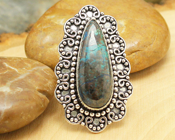 Chrysocolla Ring Sz 8, Silver Chrysocolla Ring, Statement Ring, Crystal Ring, Gemstone Ring, Boho Ring, Cocktail Ring