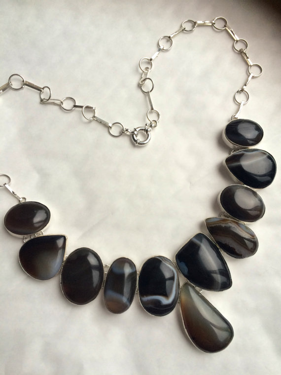 Chunky Botswana Agate necklace, Sterling Silver gray and black statement gemstone necklace, black designer gemstone jewelry, Agate jewellery