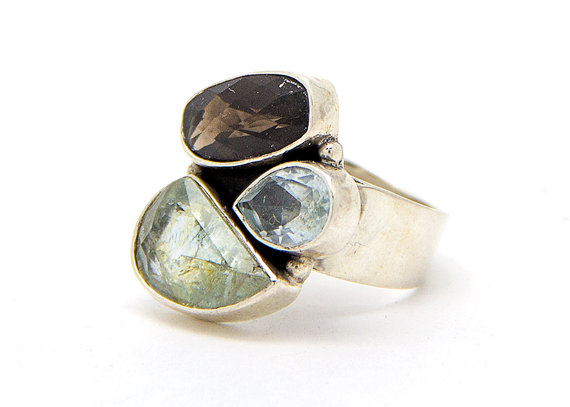 Chunky Silver Ring with 3 different gemstones - Multistone statement ring - Gemstone ring - anniversary gift idea