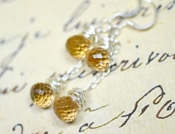 Citrine Earrings, Genuine Citrine Jewelry Champagne Gemstone Earrings Artisan Jewelry Wire Wrapped Beaded Earrings Neutrals Cascade Earrings