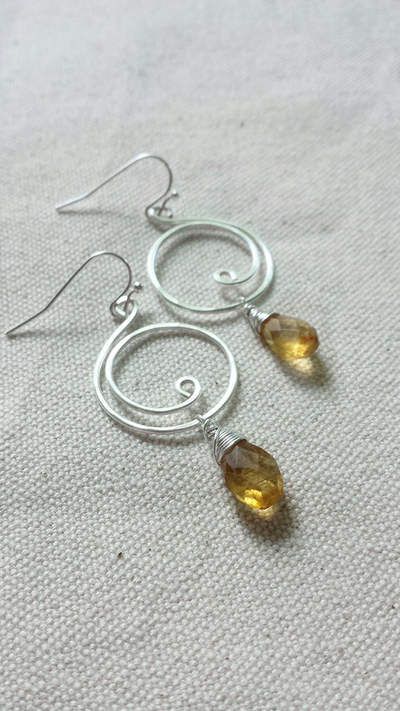 Citrine Gemstone Earrings, November Birthstone Citrine, Yellow Citrine Jewelry, Silver Swirl Earrings