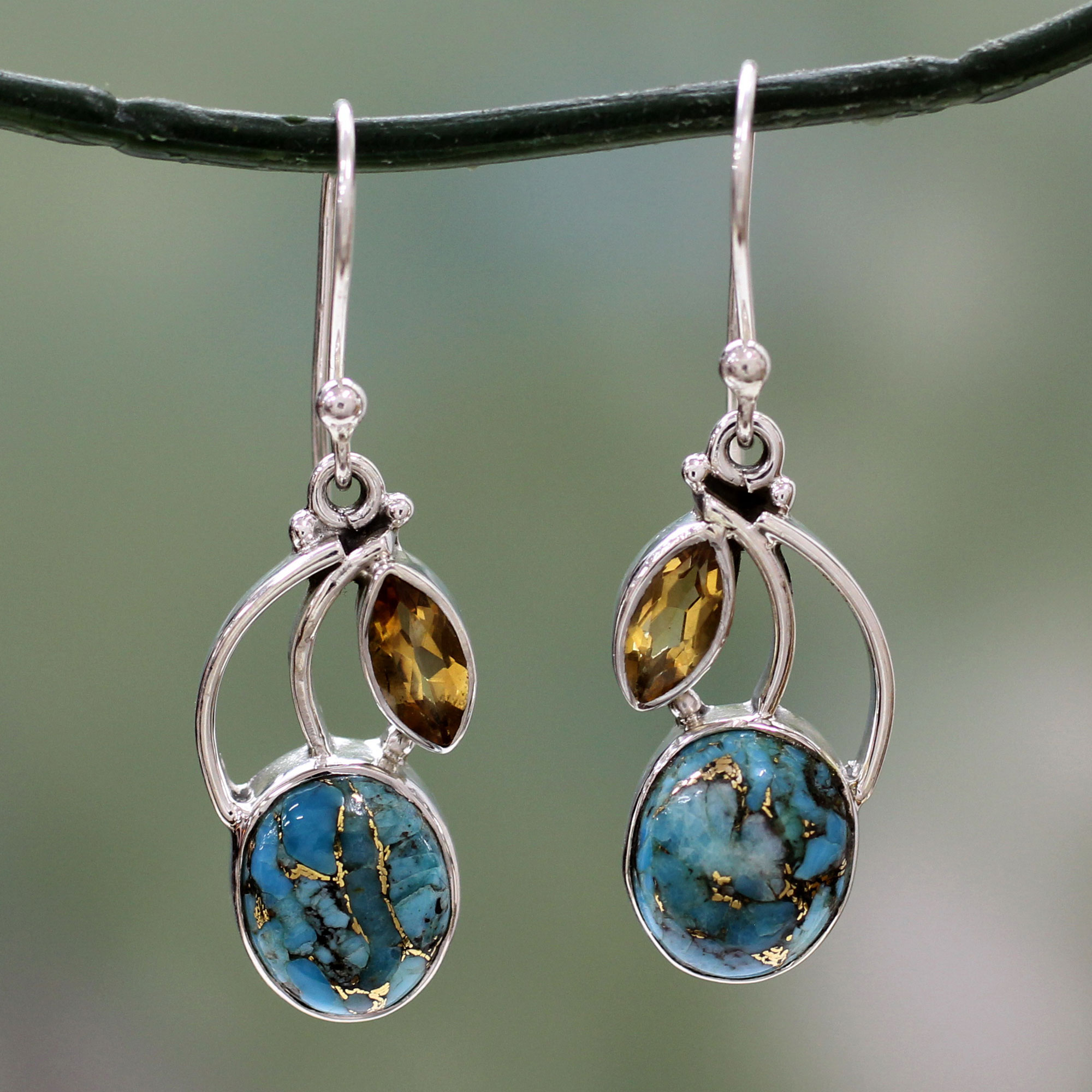 Composite Turquoise and Citrine Silver Dangle Earrings, 'Modern Mystique'