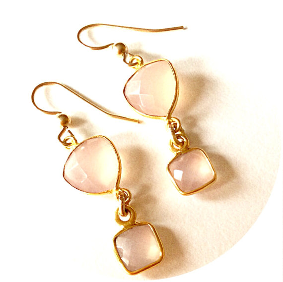 Contemporary earrings Genuine pink chalcedony drop earrings Bridal earrings Natural gemstone earrings Soft pink earrings