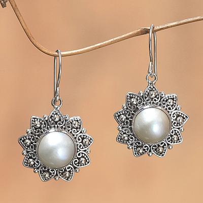 Cultured pearl flower earrings, 'Melati Hearts'