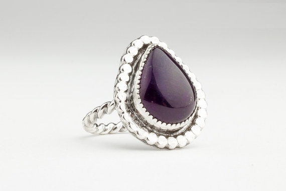 Dark Purple Amethyst gemstone ring in Sterling Silver - Size 8 - February birthstone purple ring with beaded border