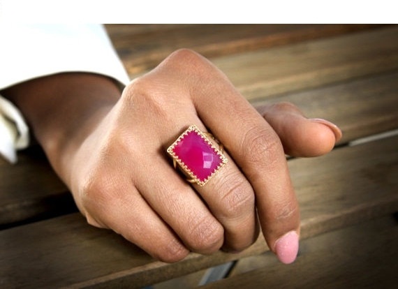 Dark pink Chalcedony ring,Large rectangular ring,14k gold filled ring,Rectangular cocktail ring,pink ring