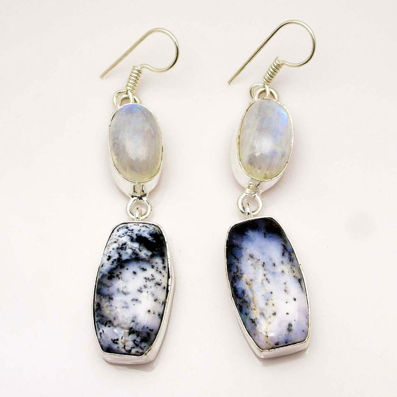Dendrite Opal Earrings  Moonstone Earrings Sterling Silver  Dangle Earrings Gemstone Earrings
