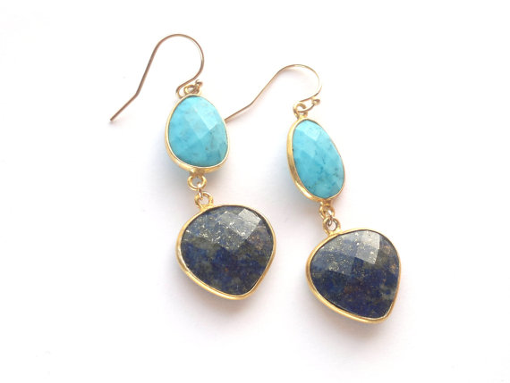 Double Gemstone Earrings Lapis Earrings Imitation Turquoise Dangle Earrings Long Gold Filled Blue Evening Earrings Elegant Jewelry Teardrop