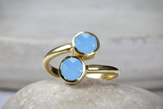 Double stone ring,gold ring,blue chalcedony ring,bezel set ring,gold stackable rings,stacking ring,