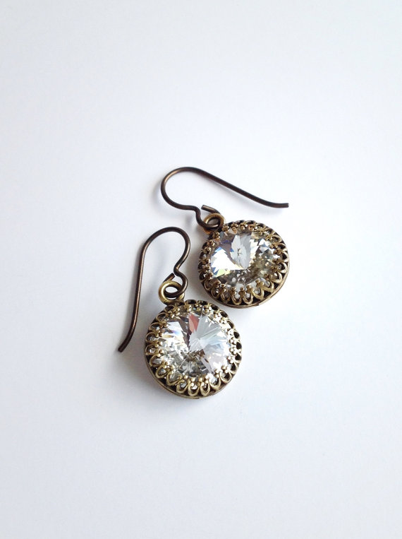 Drop Crystal Earrings, Vintage Style Antique Brass Jewelry, Clear Swarovski Crystals, Leverback and Filigree Bezel