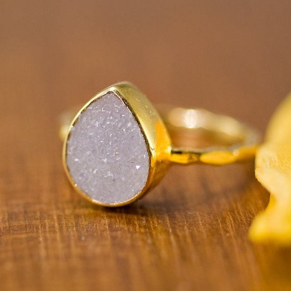 Druzy Ring - April Birthstone Ring - Gemstone Ring - Stacking Ring - Gold Ring - Tear Drop Ring