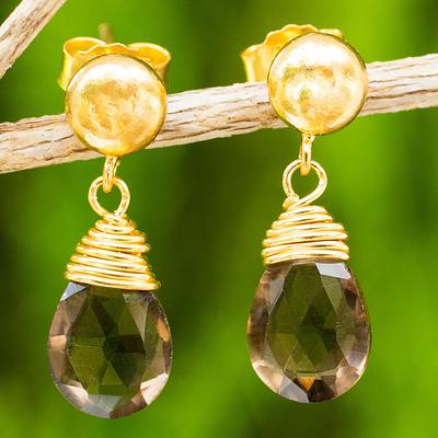 Earrings with 24k Gold Plated Silver and Smoky Quartz, 'Smoky Sunrise'