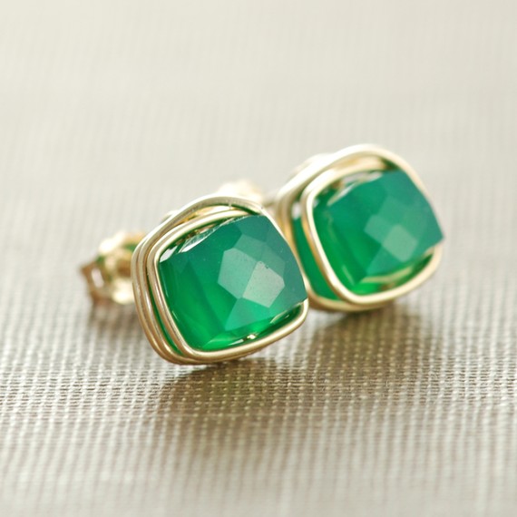Emerald Green Onyx Gemstone Earrings, May Birthday Jewelry, Gold Post Earrings