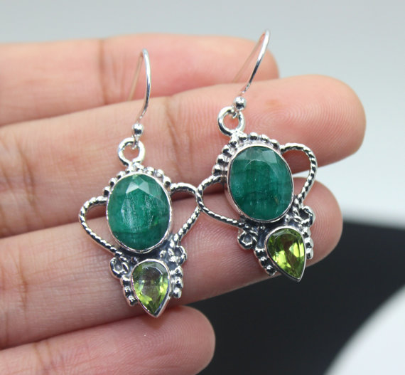 Emerald, Peridot Earrings, Sterling Silver Earrings, Gemstone Earrings