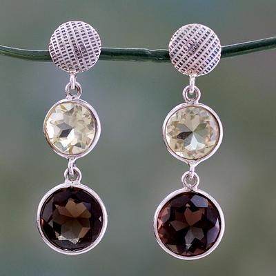 Faceted Lemon Quartz and Smoky Quartz Earrings, 'Smoke and Fire'