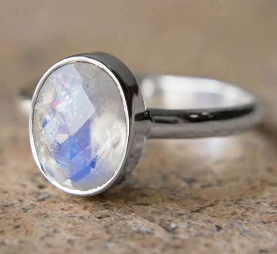 Faceted Oval Rainbow Moonstone Ring - Sterling Silver