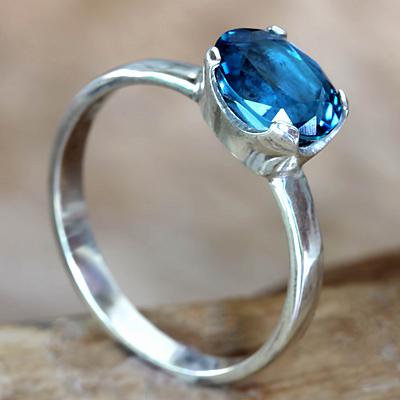 Fair Trade Blue Topaz Solitaire Ring 2 cts, 'Pacific Glory'