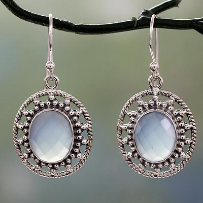 Fair Trade Silver Earrings with Pale Blue Chalcedony, 'Azure Ice'