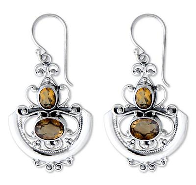 Fair Trade Sterling Silver and Citrine Dangle Earrings, 'Balinese Goddess'