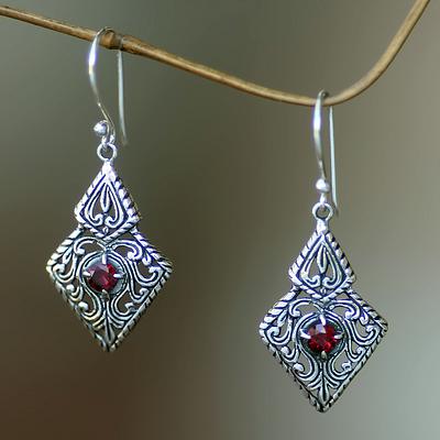 Fair Trade Sterling Silver and Garnet Ornate Dangle Earrings, 'Sacred Forest'