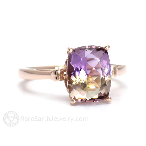 Fleur de Lis Ametrine Ring Cushion Cut Gemstone Ring in 14K or 18K White Yellow Rose Gold Purple Gemstone Ring