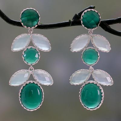 Floral Indian Earrings with Onyx and Chalcedony, 'Lush Flora'