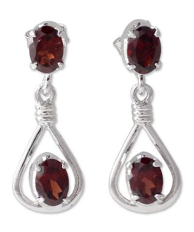 Garnet Earrings in Sterling Silver from India Jewelry, 'Passionate Beauty'
