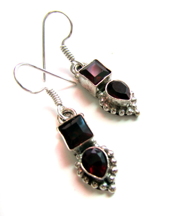Garnet Earrings,Silver plated Jewelry,Dangle,Gemstone Earrings, January birthstone, small earrings by Taneesi