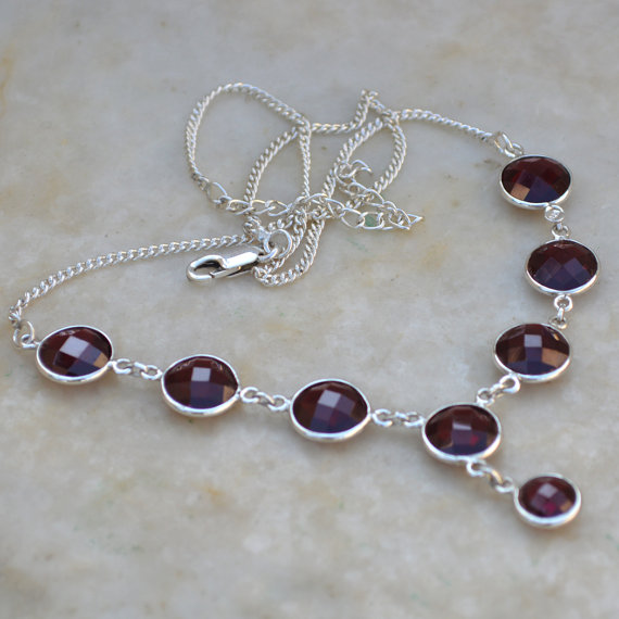 Garnet Necklace, bezel set necklace - Genuine Gemstone Necklace, Solid Silver Necklace, Bib Necklace, Handmade Garnet Gemstone Necklace