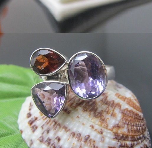 Garnet and Amethyst Ring , Sterling Silver Ring , Gemstone Ring