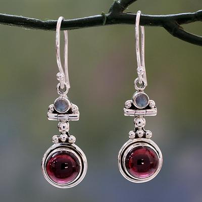 Garnet and Rainbow Moonstone Earrings Set in 925 Silver, 'Misty Moon'