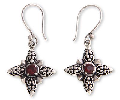 Garnet and Silver Dangle Earrings, 'Celuk Star'