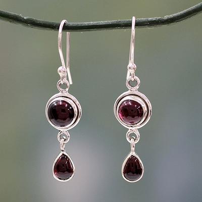 Garnet and Sterling Silver Earrings Handmade in India, 'Crimson Glow'