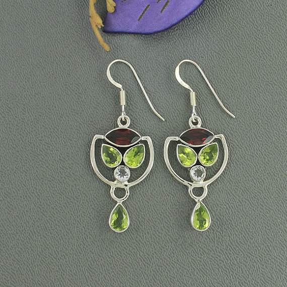 Garnet, Peridot & Crystal Earrings, Multi Gemstone Earrings, Natural Stone Earrings, Birthstone Earrings, Sterling Silver Jewelry,