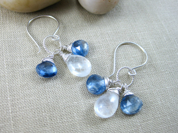 Gemstone Earrings Kyanite Moonstone Sterling Silver Dangle Earrings Blue White - Winter Sky