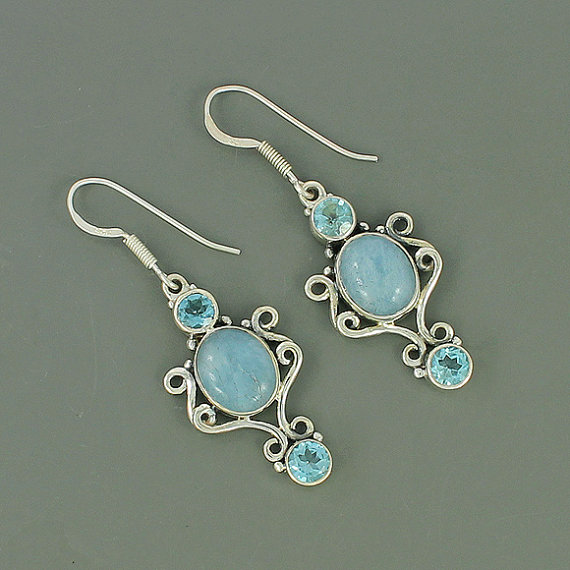 Genuine Aquamarine & Blue Topaz Gemstone Earrings, 925 Sterling Silver Earrings, Women's Gift Jewelry, Birthstone Gift Earrings Jewelry