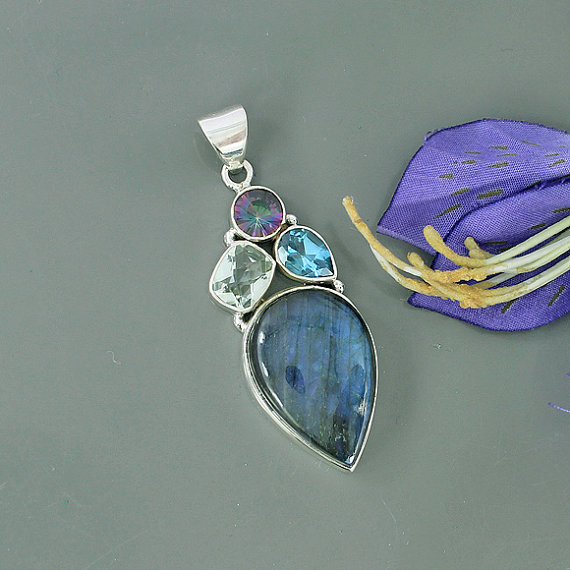 Genuine Labradorite, Midnight Rainbow Quartz & Blue Topaz Multi Gemstone 925 Sterling Silver Artisan Handmade Pendant, Unique Gift Jewelry