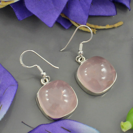 Genuine Rose Quartz Earrings - Bezel Set Pink Earrings - Birthstone Gemstone Earrings - Solid 925 Sterling Silver Gift Earrings Jewelry.