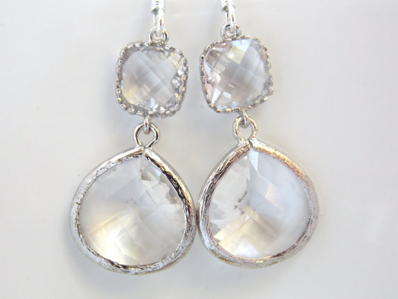 Glass Earrings, Crystal Earrings, Clear Earrings, Transparent, White, Silver, Bridesmaid Earrings, Bridal Earrings, Bridesmaid Gifts