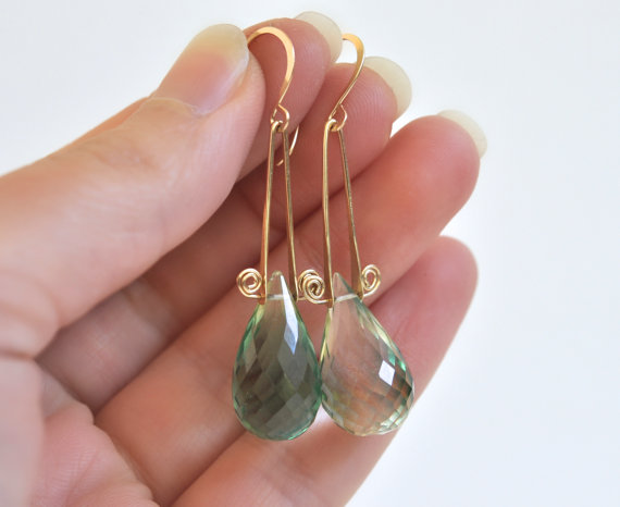Gold Filled Earrings- Gemstone Earrings- Spiral Earrings- Green Quartz Earrings- Teardrop Earrings- Emerald Green Earrings- Women's Jewelry