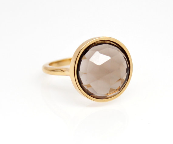 Gold Framed Rose Cut Smokey Quartz Ring - Holiday Gift for Her - Stackable Ring - Gold Gemstone Ring