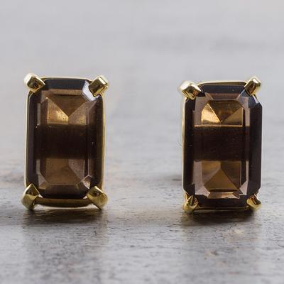 Gold Plated Silver Smoky Quartz Stud Earrings 