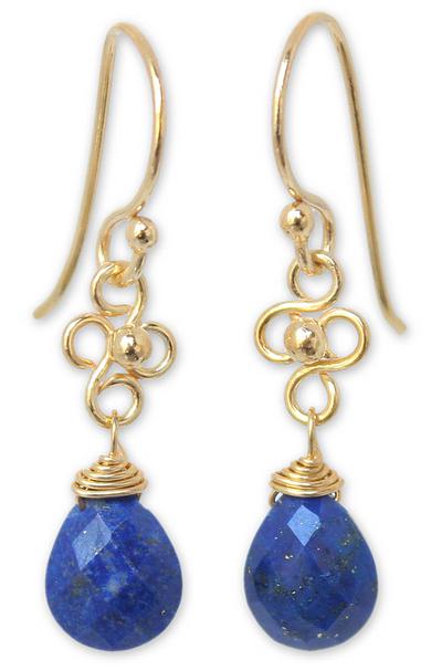 Gold Vermeil Lapis Lazuli Dangle Earrings, 'Four Petals'