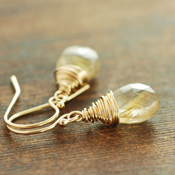 Golden Rutilated Quartz Earrings, Wire Wrap Gold Gemstone Earrings, Rustic Modern Jewelry