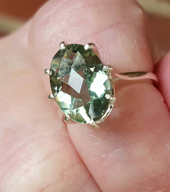 Gorgeous Green Amethyst Ring, 7 Carat Checkerboard Cut, 925 Sterling Silver Basket Setting, Gemstone Jewelry, Natural Green Amethyst