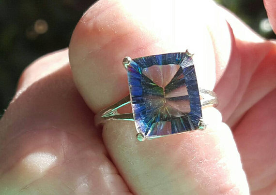 Gorgeous Mystic Blue Quartz Ring Concave Cut, 925 Sterling Silver Setting, Gemstone Jewelry, Blue-green Gemstone Ring