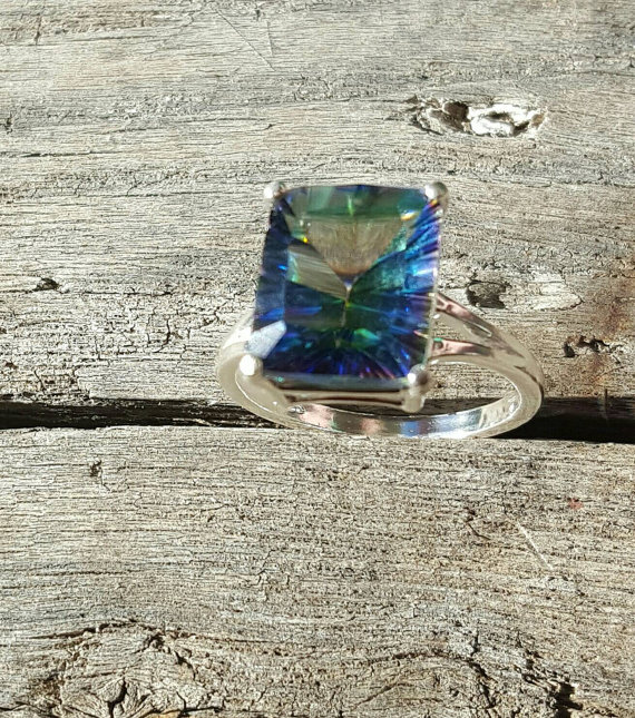 Gorgeous Mystic Blue Quartz Ring, 6 Carat Concave Cut, 925 Sterling Silver Setting, Size 8, Gemstone Jewelry, Blue-green Gemstone Ring