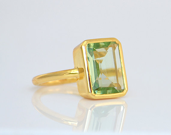 Green Amethyst ring - rectangle ring, gemstone ring gold, stacking ring, bezel set ring, February Birthstone, gift for her, amethyst jewelry